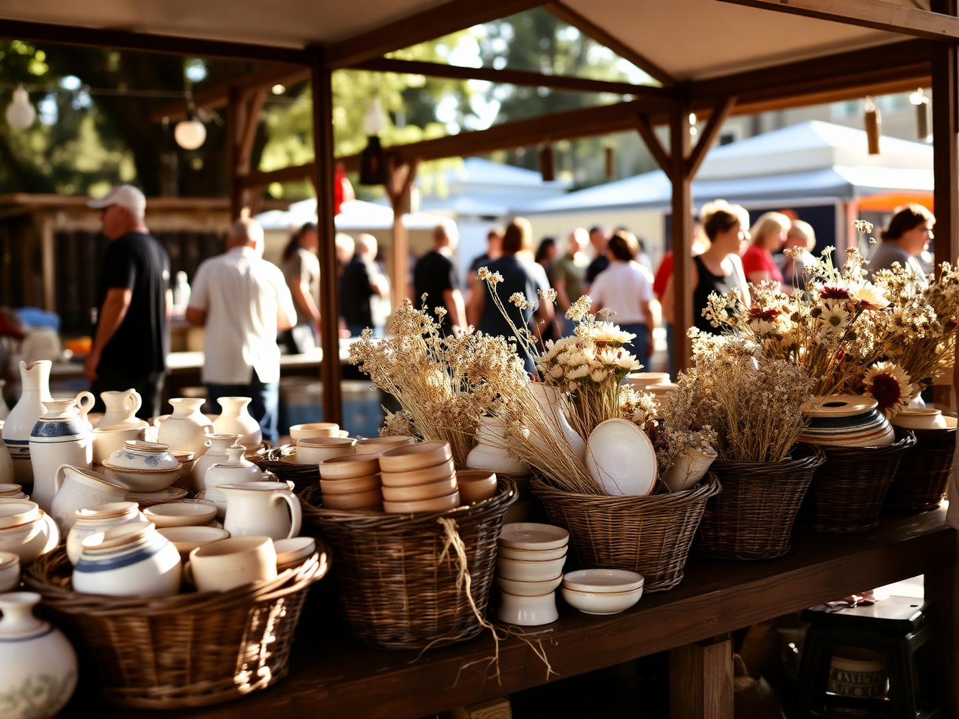 Handmade ceramics and dried flowers at a Gathering 904 booth