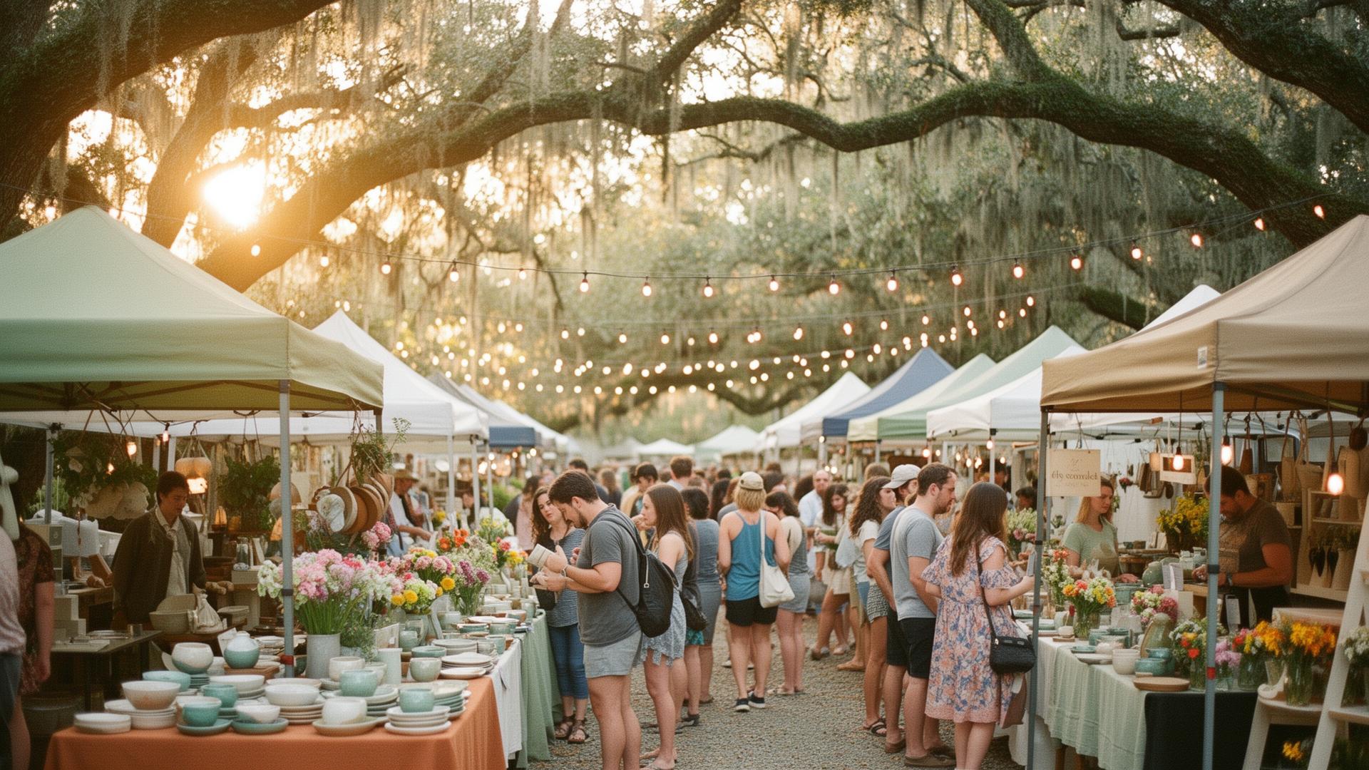 Jacksonville maker market under live oaks at golden hour